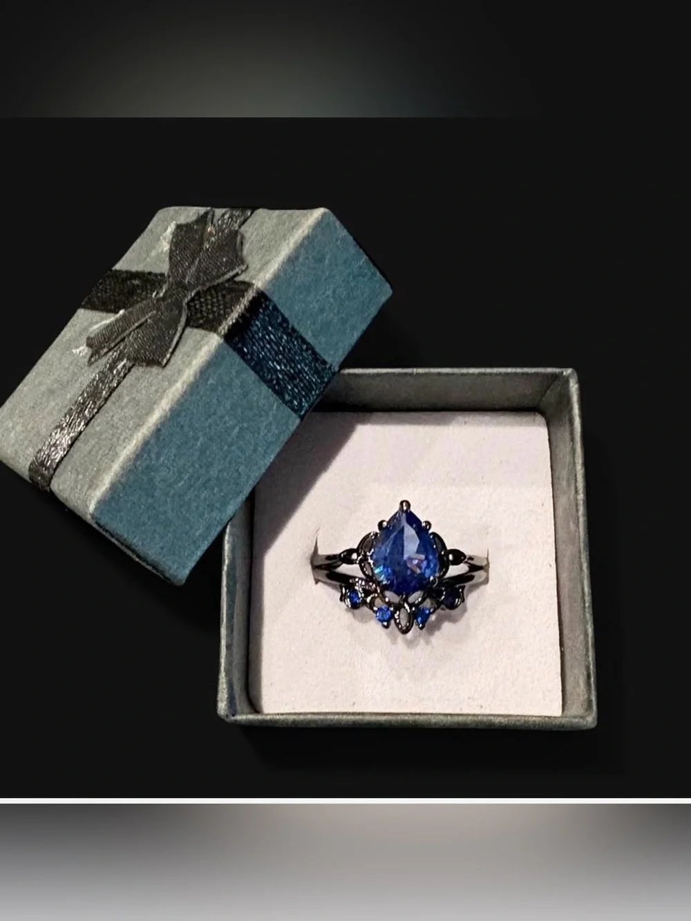 Blue Teardrop Cubic Zirconia Statement Ring - Set in Black